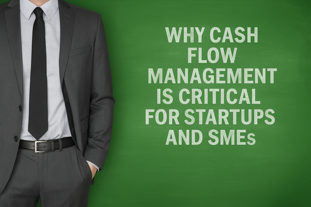 Business professional in a suit standing beside a chalkboard with the words ‘Cash Management,’ symbolizing CFO Angle’s expert cash management services for startups and SMEs.