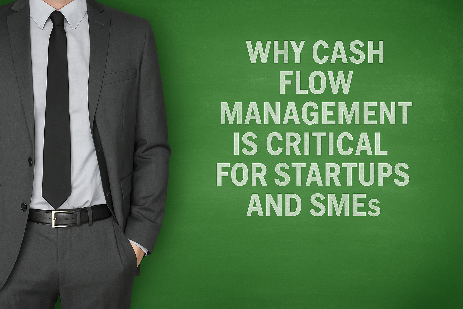 Business professional in a suit standing beside a chalkboard with the words ‘Cash Management,’ symbolizing CFO Angle’s expert cash management services for startups and SMEs.