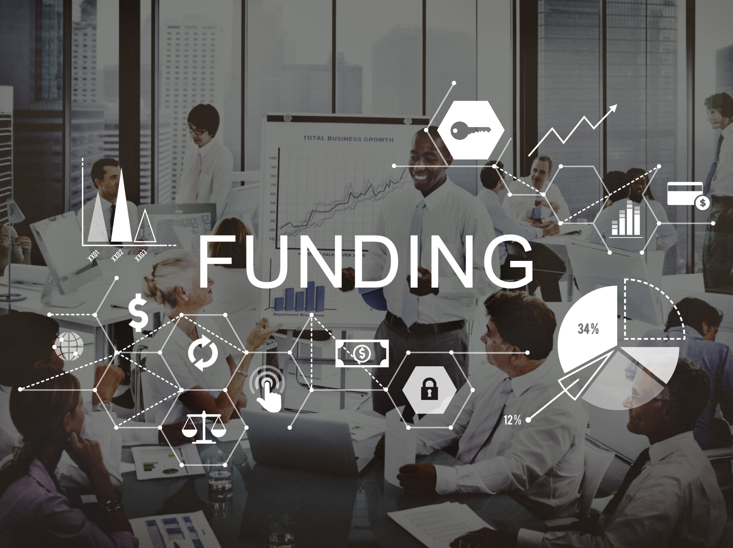 Funding preparedness in business meeting with financial charts and team collaboration